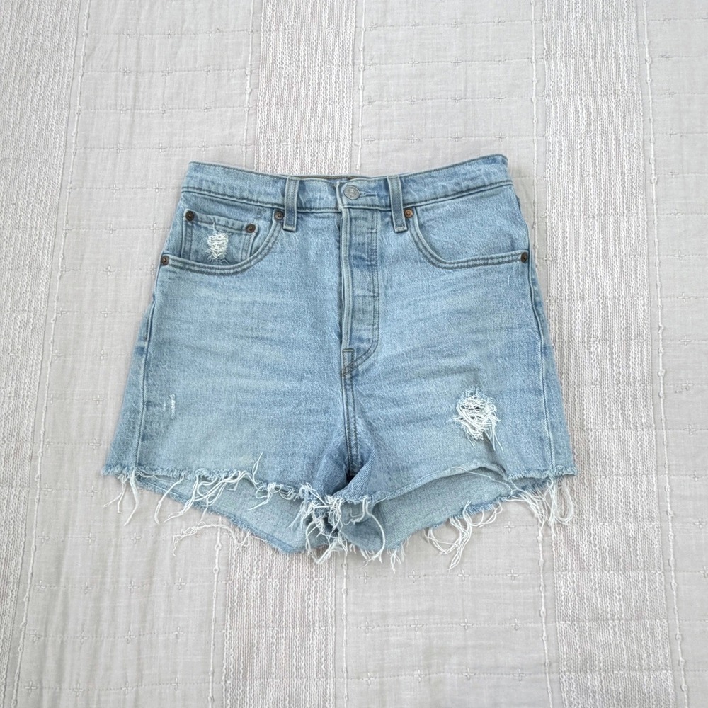 Levi's Ribcage Shorts Womens 27 Light Blue Distressed Denim Raw Hem